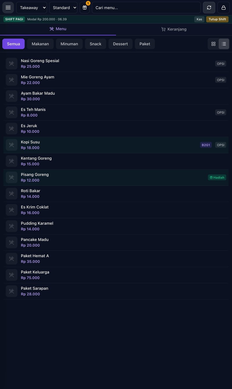 Layar kasir SolviPOS: daftar menu dan harga